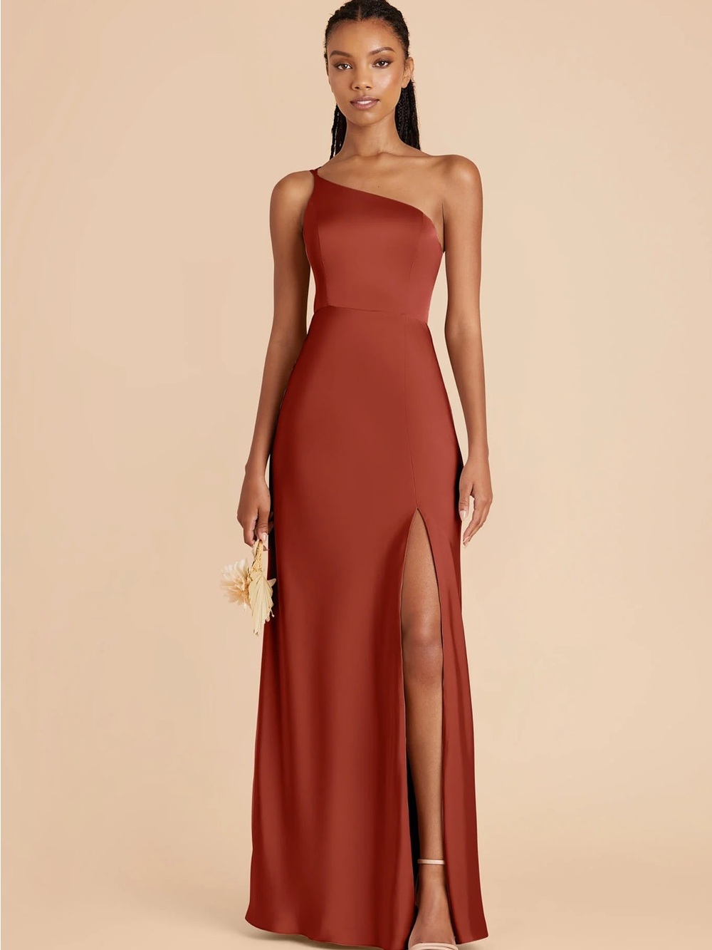 Birdy Grey One-Shoulder Rust Red Evening Gown with Thigh Slit